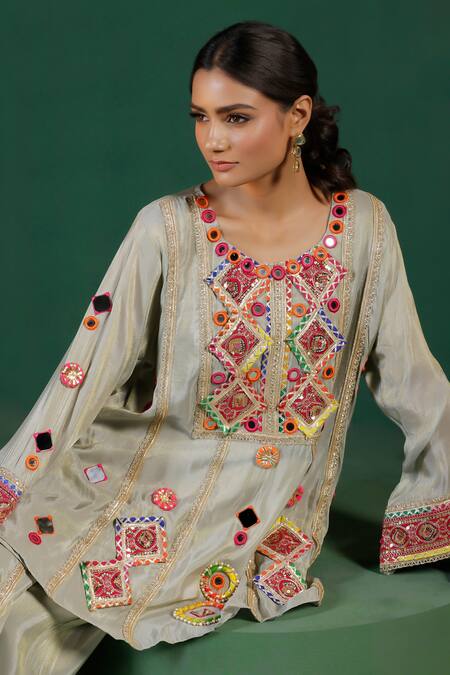 Buy_Two Sisters By Gyans_Gray Tissue Embroidery, Sequins Round Neck Grey Top And Pant Set 