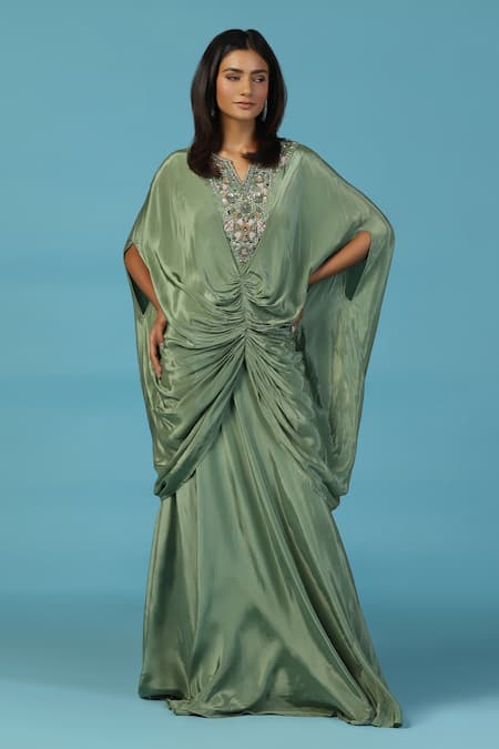 Two Sisters By Gyans Green Crepe Beads, Embroidery V-neck Designer Kaftan Set 