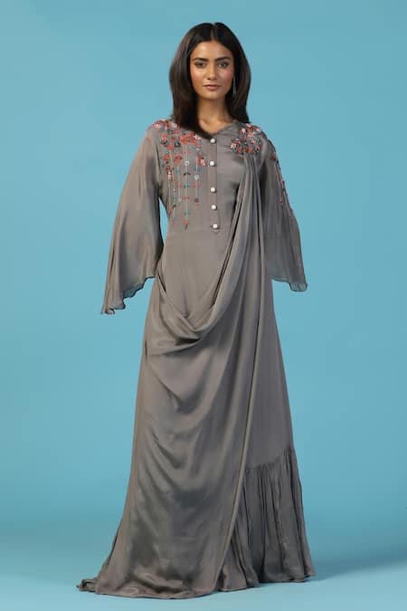 Two Sisters By Gyans Gray Chiffon Embroidery Round Neck Grey Gown 