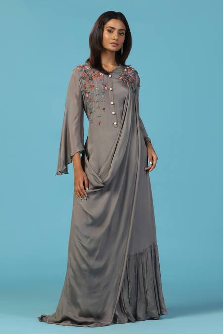Buy_Two Sisters By Gyans_Gray Chiffon Embroidery Round Neck Grey Gown _Online_at_Aza_Fashions