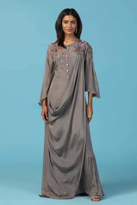 Two Sisters By Gyans Embroidered Grey Chiffon Gown 