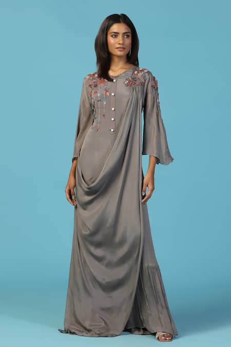 Shop_Two Sisters By Gyans_Gray Chiffon Embroidery Round Neck Grey Gown _Online_at_Aza_Fashions