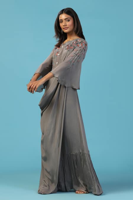 Two Sisters By Gyans_Gray Chiffon Embroidery Round Neck Grey Gown _at_Aza_Fashions