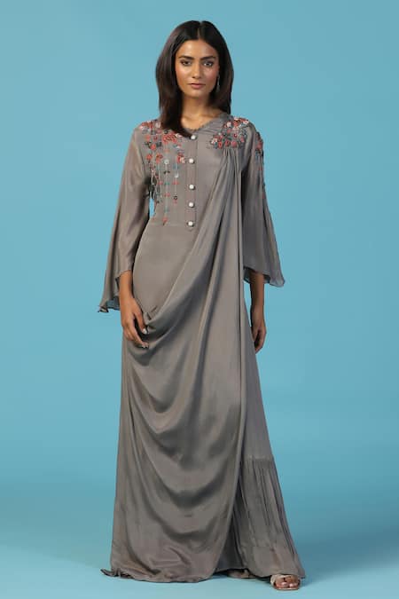 Buy_Two Sisters By Gyans_Gray Chiffon Embroidery Round Neck Grey Gown 
