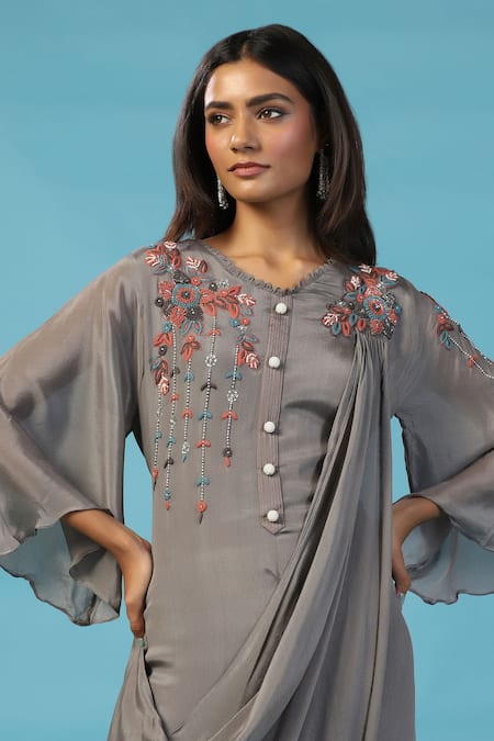 Shop_Two Sisters By Gyans_Gray Chiffon Embroidery Round Neck Grey Gown 