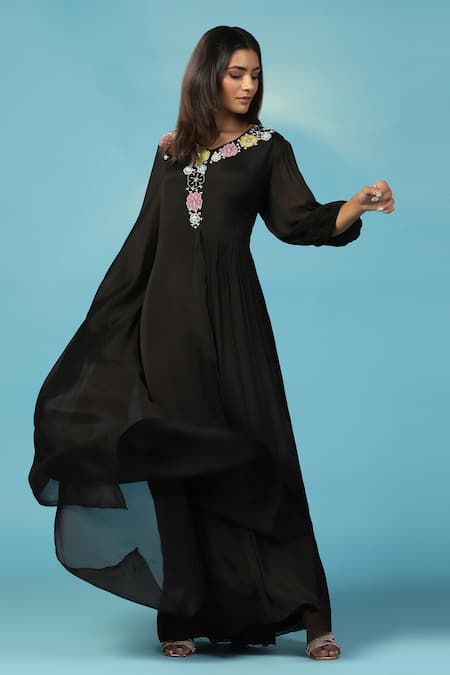 Shop_Two Sisters By Gyans_Black Chiffon Embroidery Round Neck Designer Gown _Online_at_Aza_Fashions