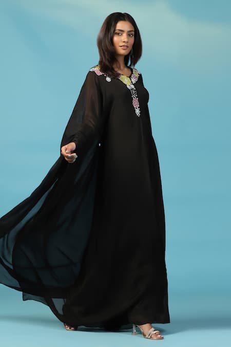 Two Sisters By Gyans_Black Chiffon Embroidery Round Neck Designer Gown _at_Aza_Fashions