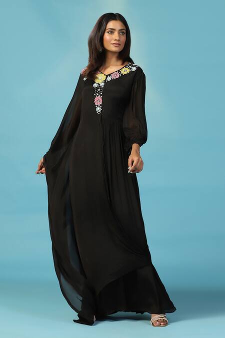 Buy_Two Sisters By Gyans_Black Chiffon Embroidery Round Neck Designer Gown 