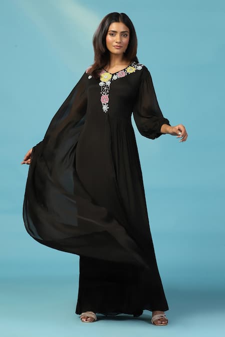 Shop_Two Sisters By Gyans_Black Chiffon Embroidery Round Neck Designer Gown 