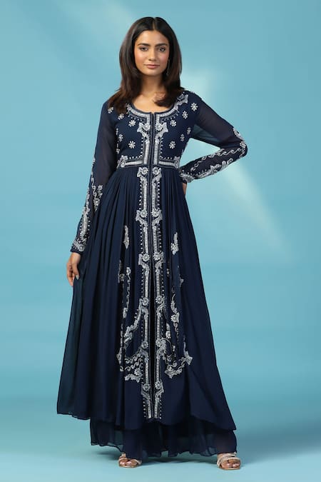 Two Sisters By Gyans Navy Georgette Sequins, Beads, Embroidery Round Neck Blue Anarkali Set 