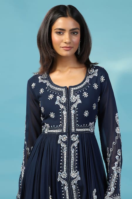 Two Sisters By Gyans_Navy Georgette Sequins, Beads, Embroidery Round Neck Blue Anarkali Set _Online_at_Aza_Fashions
