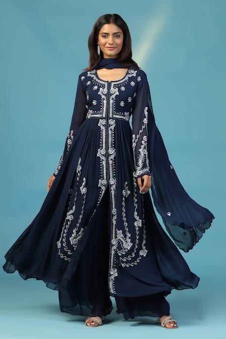 Buy_Two Sisters By Gyans_Navy Georgette Sequins, Beads, Embroidery Round Neck Blue Anarkali Set _Online_at_Aza_Fashions