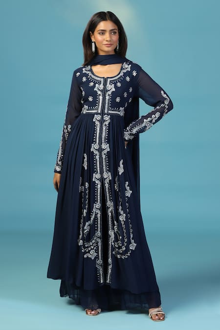 Shop_Two Sisters By Gyans_Navy Georgette Sequins, Beads, Embroidery Round Neck Blue Anarkali Set _Online_at_Aza_Fashions