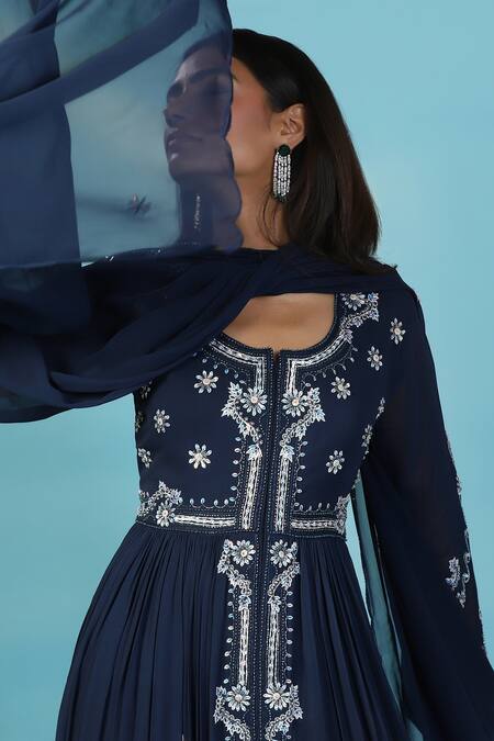 Two Sisters By Gyans_Navy Georgette Sequins, Beads, Embroidery Round Neck Blue Anarkali Set _at_Aza_Fashions