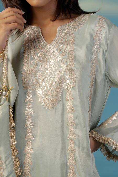 Buy Two Sisters By Gyans Green Tissue Embroidery V-neck Kurta Set Buy_Two Sisters By Gyans_Green Tissue Embroidery V-neck Kurta Set