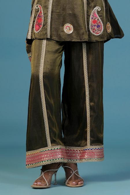 Two Sisters By Gyans_Green Tissue Embroidery, Sequins Round Neck Top And Pant Set _Online_at_Aza_Fashions