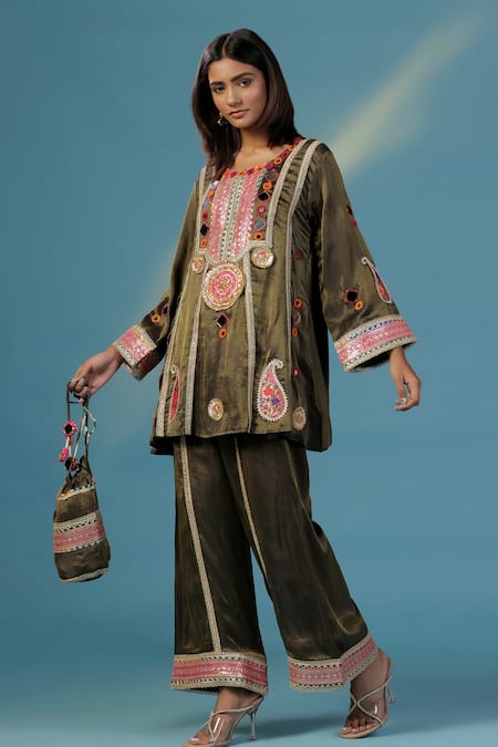 Buy_Two Sisters By Gyans_Green Tissue Embroidery, Sequins Round Neck Top And Pant Set _Online_at_Aza_Fashions