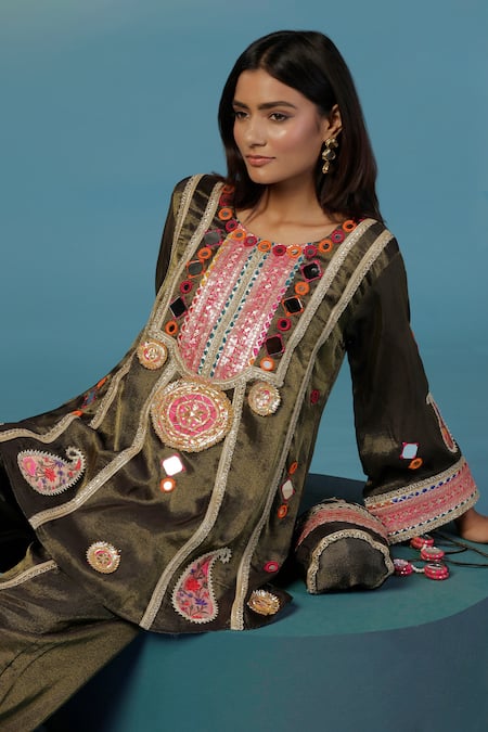 Shop_Two Sisters By Gyans_Green Tissue Embroidery, Sequins Round Neck Top And Pant Set _Online_at_Aza_Fashions