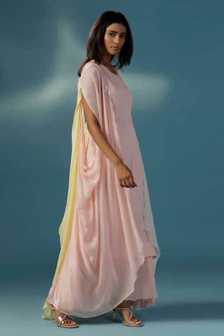 Two Sisters By Gyans Pink Crepe Round Neck Jacket And Kurta Set at Aza Fashions Two Sisters By Gyans_Pink Crepe Round Neck Jacket And Kurta Set _at_Aza_Fashions