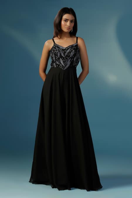 Two Sisters By Gyans_Black Georgette Sequins, Beads V-neck Designer Jumpsuit _Online_at_Aza_Fashions