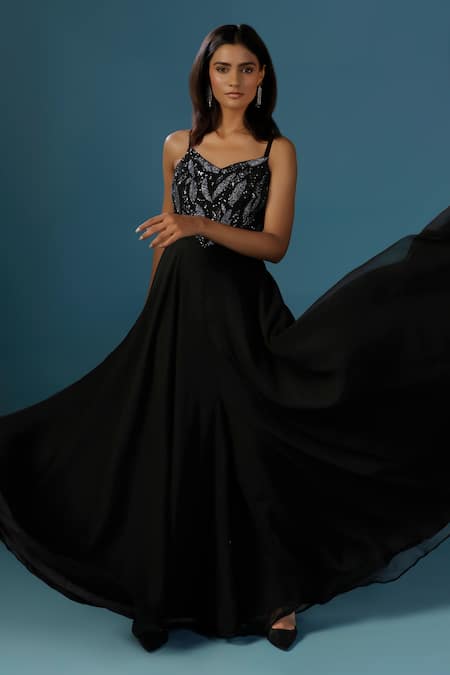 Shop_Two Sisters By Gyans_Black Georgette Sequins, Beads V-neck Designer Jumpsuit _Online_at_Aza_Fashions