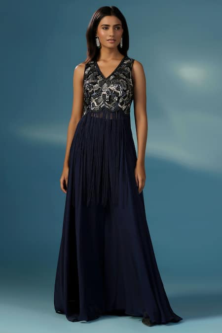 Two Sisters By Gyans Navy Georgette Fringe, Beads, Embroidery V-neck Blue Kurta Sharara Set 
