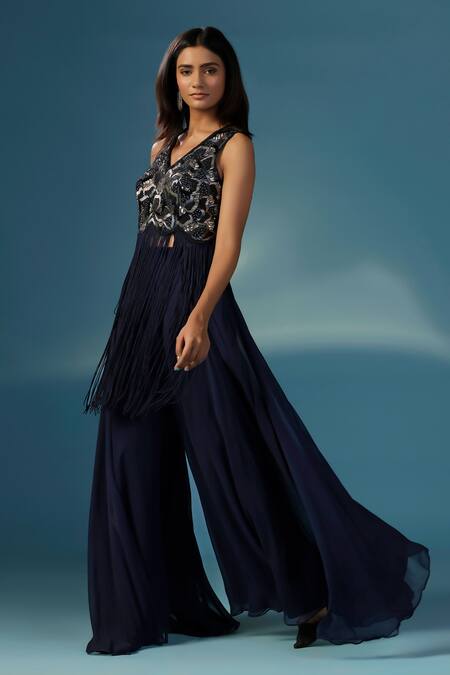 Two Sisters By Gyans_Navy Georgette Fringe, Beads, Embroidery V-neck Blue Kurta Sharara Set _Online_at_Aza_Fashions