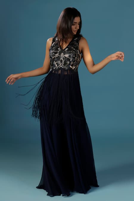 Two Sisters By Gyans Navy Blue Georgette Kurta Sharara Set 