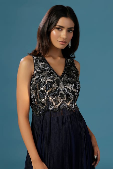 Buy_Two Sisters By Gyans_Navy Georgette Fringe, Beads, Embroidery V-neck Blue Kurta Sharara Set _Online_at_Aza_Fashions