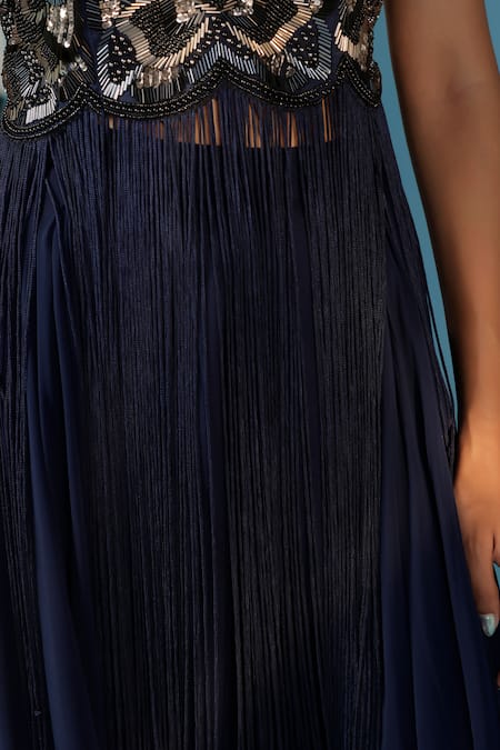 Shop_Two Sisters By Gyans_Navy Georgette Fringe, Beads, Embroidery V-neck Blue Kurta Sharara Set _Online_at_Aza_Fashions