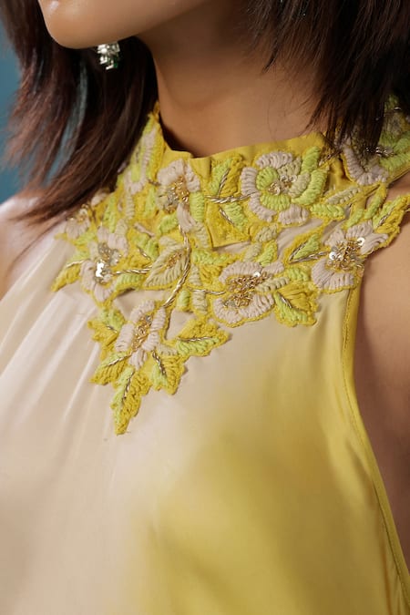 Two Sisters By Gyans_Yellow Satin Embroidery Halter Neck Designer Maxi Dress _Online_at_Aza_Fashions