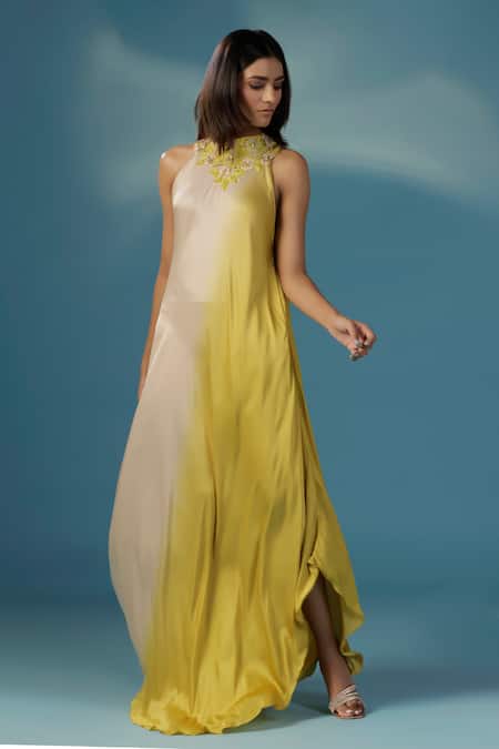 Buy_Two Sisters By Gyans_Yellow Satin Embroidery Halter Neck Designer Maxi Dress _Online_at_Aza_Fashions