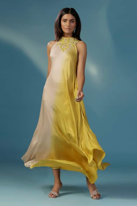 Shop_Two Sisters By Gyans_Yellow Satin Embroidery Halter Neck Designer Maxi Dress _Online_at_Aza_Fashions