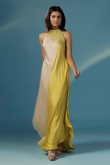 Two Sisters By Gyans_Yellow Satin Embroidery Halter Neck Designer Maxi Dress _at_Aza_Fashions