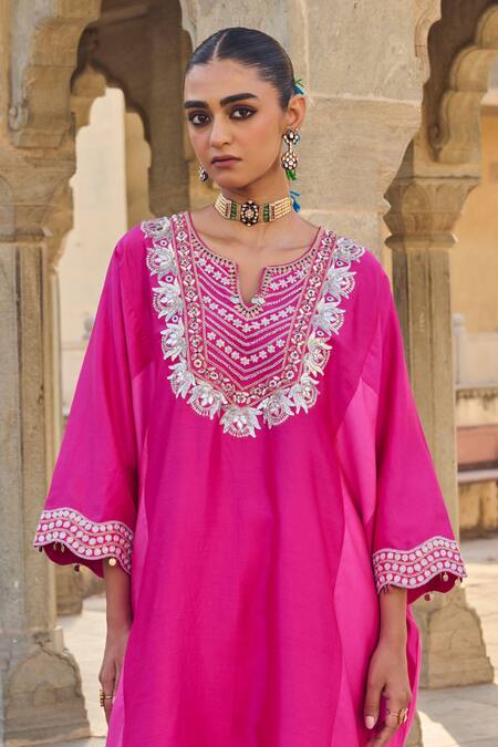 Buy Vinita Bhansali Pink Silk, Cotton Embroidery Split V-neck Gulaabo Kaftan Set Online at Aza Fashions Buy_Vinita Bhansali_Pink Silk, Cotton Embroidery Split V-neck Gulaabo Kaftan Set _Online_at_Aza_Fashions