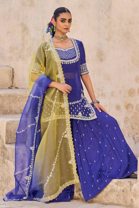 Buy Vinita Bhansali Blue , Organza Sequins, Embroidery Round Designer Padma Sharara Set Online at Aza Fashions Buy_Vinita Bhansali_Blue , Organza Sequins, Embroidery Round Designer Padma Sharara Set _Online_at_Aza_Fashions