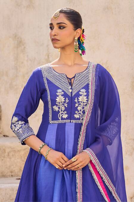 Buy Vinita Bhansali Blue , Organza Embroidery Round Neck Neela Phool Anarkali Set Online at Aza Fashions Buy_Vinita Bhansali_Blue , Organza Embroidery Round Neck Neela Phool Anarkali Set _Online_at_Aza_Fashions