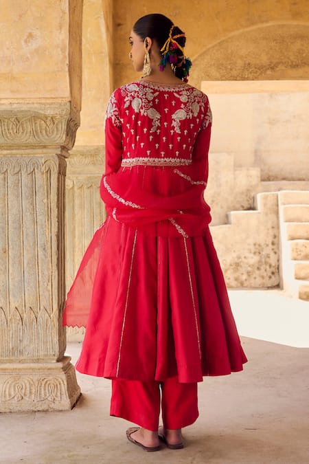 Vinita Bhansali Red Pure Silk Anarkali Set 