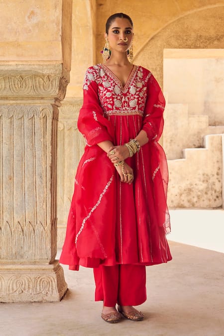 Vinita Bhansali Red , Organza Embroidery V-neck Pure Anarkali Set 