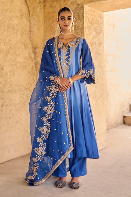 Vinita Bhansali Blue , Organza Sequins, Embroidery Round Designer Nura Anarkali Set 