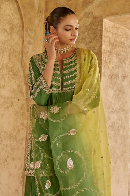 Vinita Bhansali Green , Organza Embroidery, Sequins Round Neck Gharara Set Online at Aza Fashions Vinita Bhansali_Green , Organza Embroidery, Sequins Round Neck Gharara Set _Online_at_Aza_Fashions