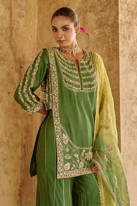 Shop Vinita Bhansali Green , Organza Embroidery, Sequins Round Neck Gharara Set Online at Aza Fashions Shop_Vinita Bhansali_Green , Organza Embroidery, Sequins Round Neck Gharara Set _Online_at_Aza_Fashions