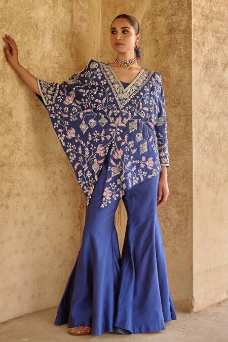 Buy Vinita Bhansali Blue Silk Embroidered Cape And Sharara Set Online at Aza Fashions Buy_Vinita Bhansali_Blue Silk Embroidered Cape And Sharara Set _Online_at_Aza_Fashions