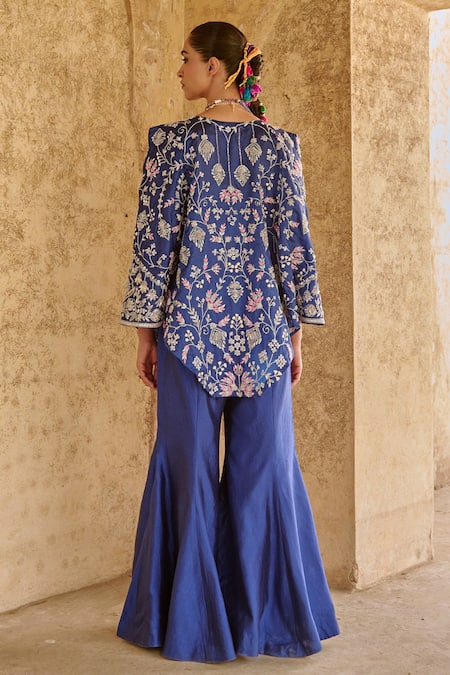 Vinita Bhansali Blue Embroidered Cape & Sharara Set 