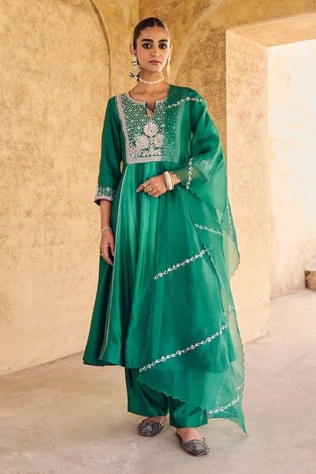 Vinita Bhansali Green , Organza Embroidery Round Neck Anarkali Set With Dupatta 