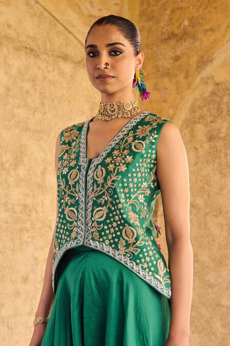 Shop Vinita Bhansali Green Silk Embroidery V-neck Vanhi Waist Coat Set Online at Aza Fashions Shop_Vinita Bhansali_Green Silk Embroidery V-neck Vanhi Waist Coat Set _Online_at_Aza_Fashions