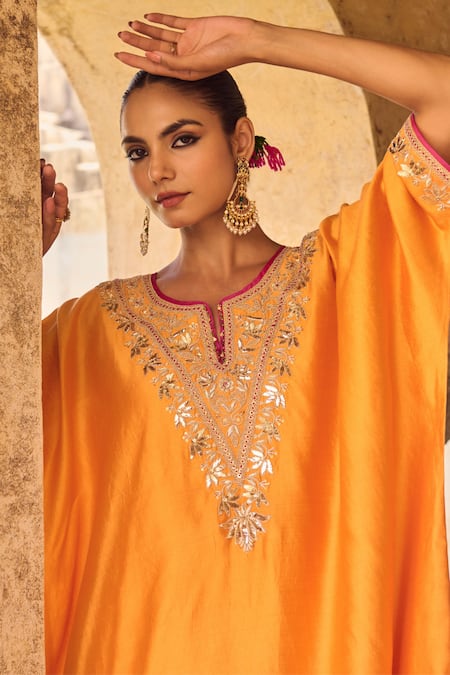 Vinita Bhansali_Orange Silk Embroidery Split V-neck Kesari Kaftan Set _Online_at_Aza_Fashions