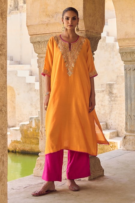 Vinita Bhansali Orange Silk Embroidery Split V-neck Kesari Kaftan Set 