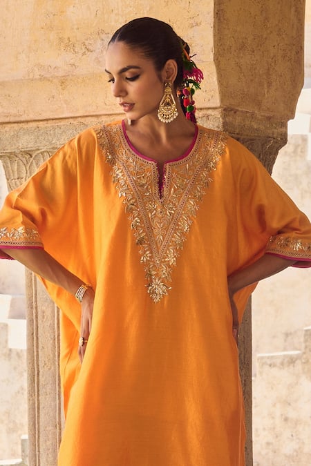 Shop_Vinita Bhansali_Orange Silk Embroidery Split V-neck Kesari Kaftan Set _Online_at_Aza_Fashions