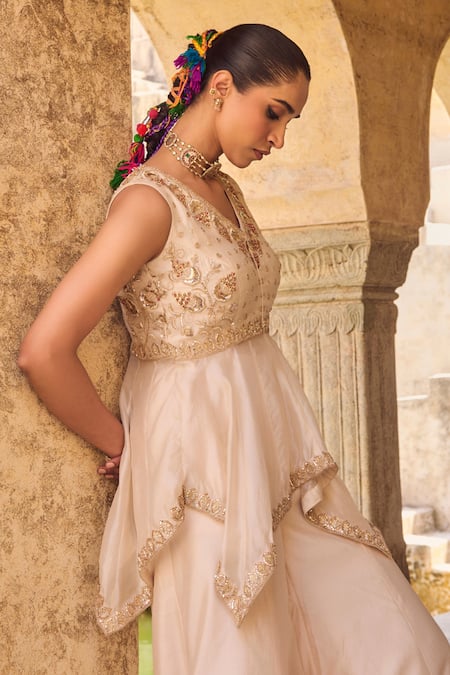 Vinita Bhansali Cream Silk Embroidery, Beads, Sequins V-neck Mahira Sharara Set Online at Aza Fashions Vinita Bhansali_Cream Silk Embroidery, Beads, Sequins V-neck Mahira Sharara Set _Online_at_Aza_Fashions